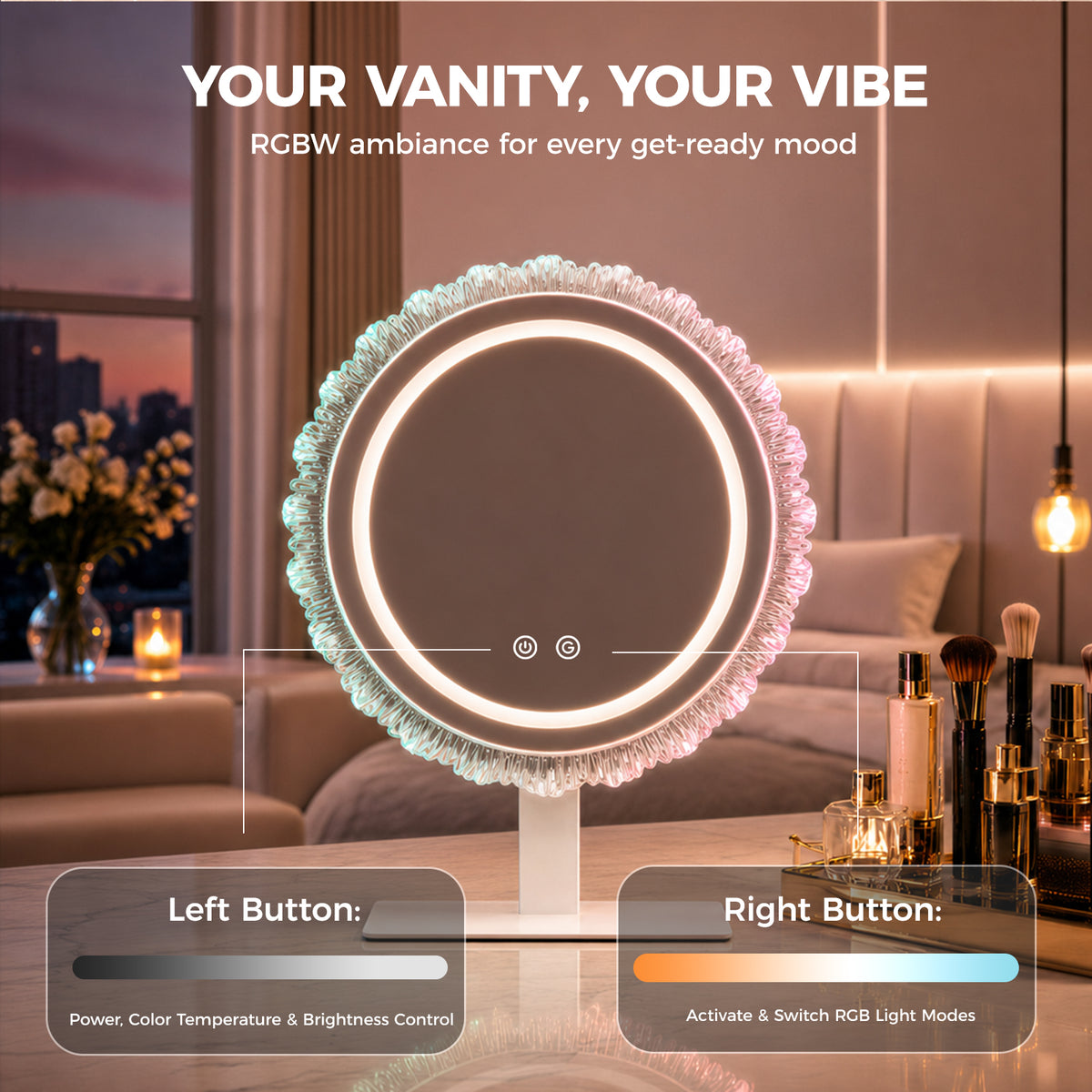 16" Round RGB LED Makeup Mirror, Dynamic RGBW Lighting
