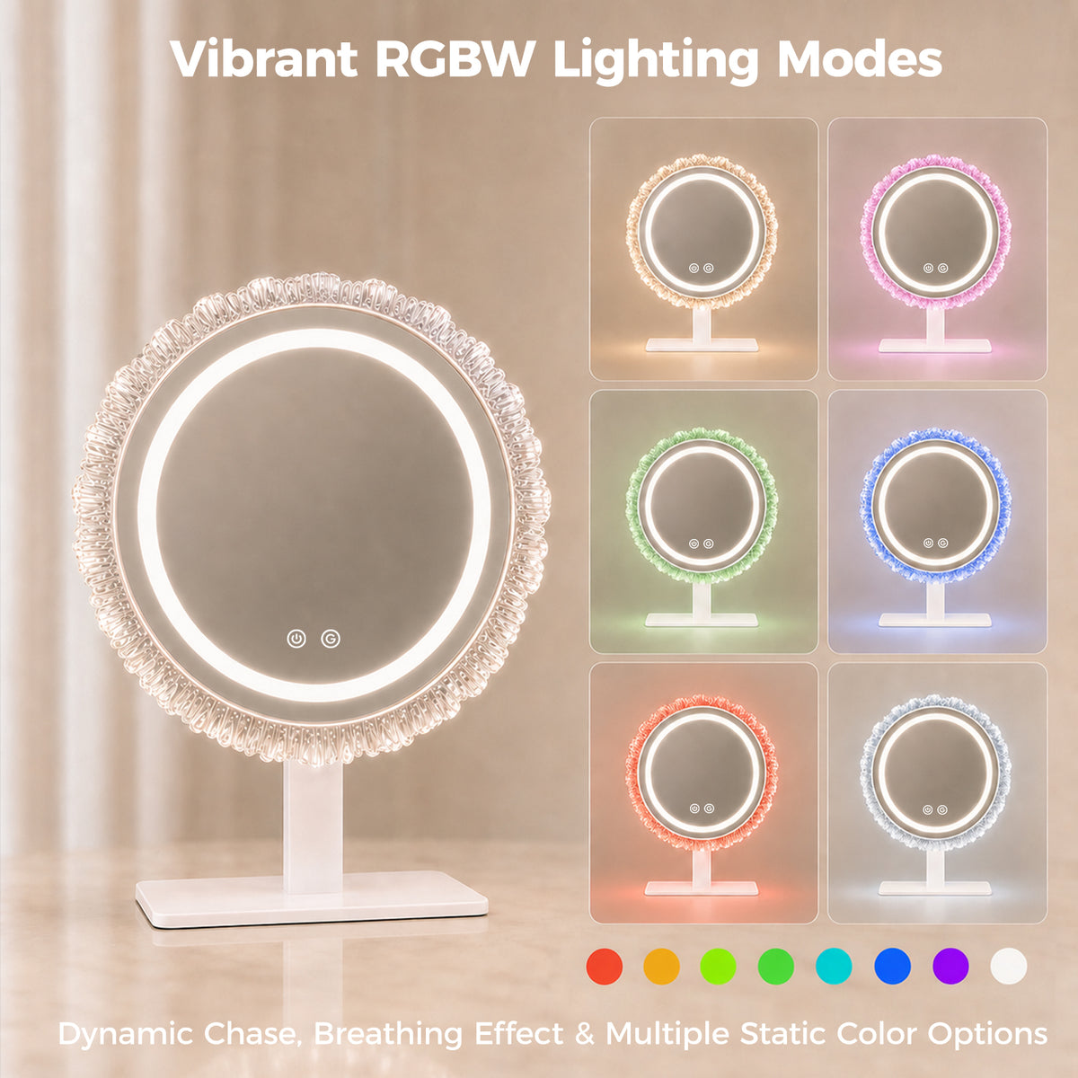 16" Round RGB LED Makeup Mirror, Dynamic RGBW Lighting