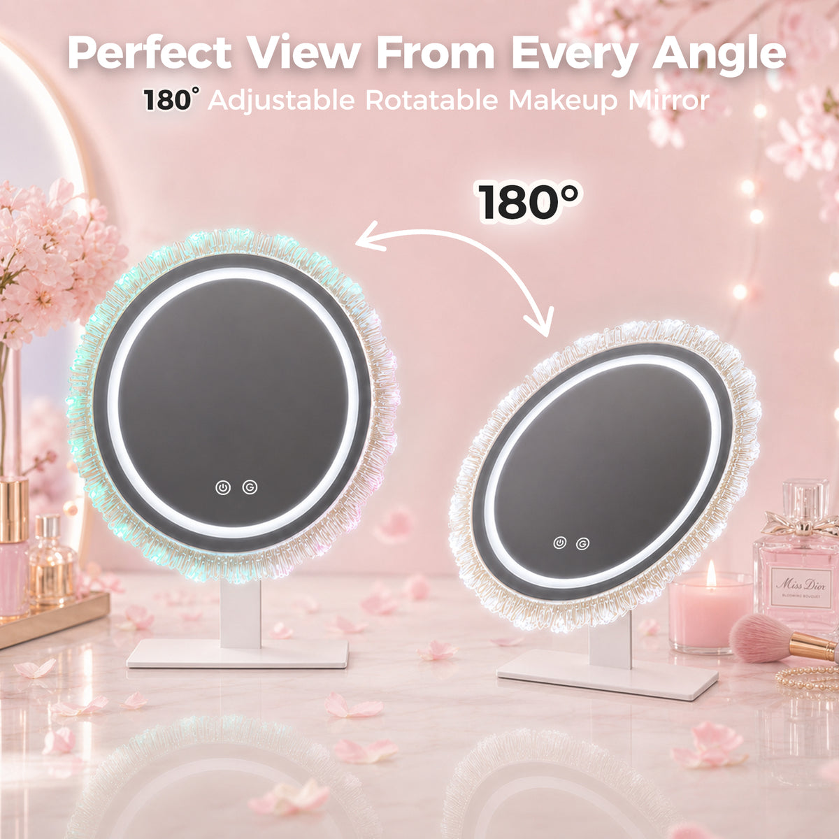 16" Round RGB LED Makeup Mirror, Dynamic RGBW Lighting