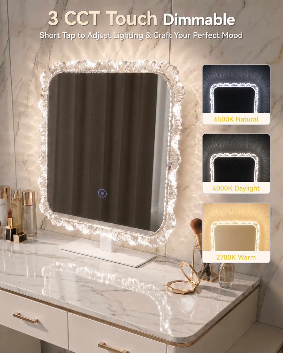 13.8" x 9.5" Crystal-Framed LED Vanity Makeup Mirror with Dimmable Lights (Silver)