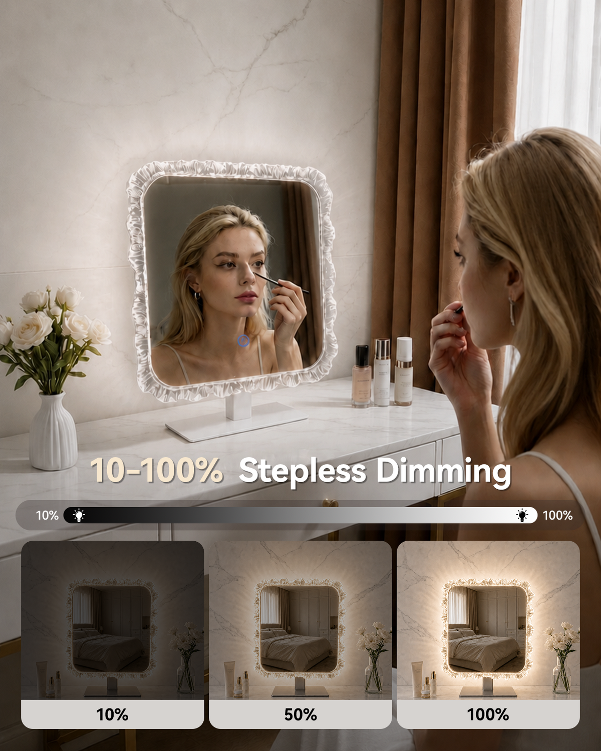 13.8" x 9.5" Crystal-Framed LED Vanity Makeup Mirror with Dimmable Lights (Silver)