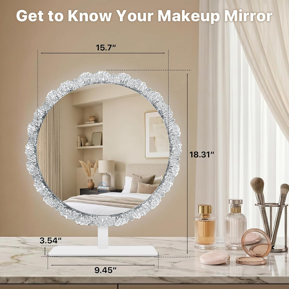 16" Round Vanity Mirror with Lights, Crystal Frame, Touch Control