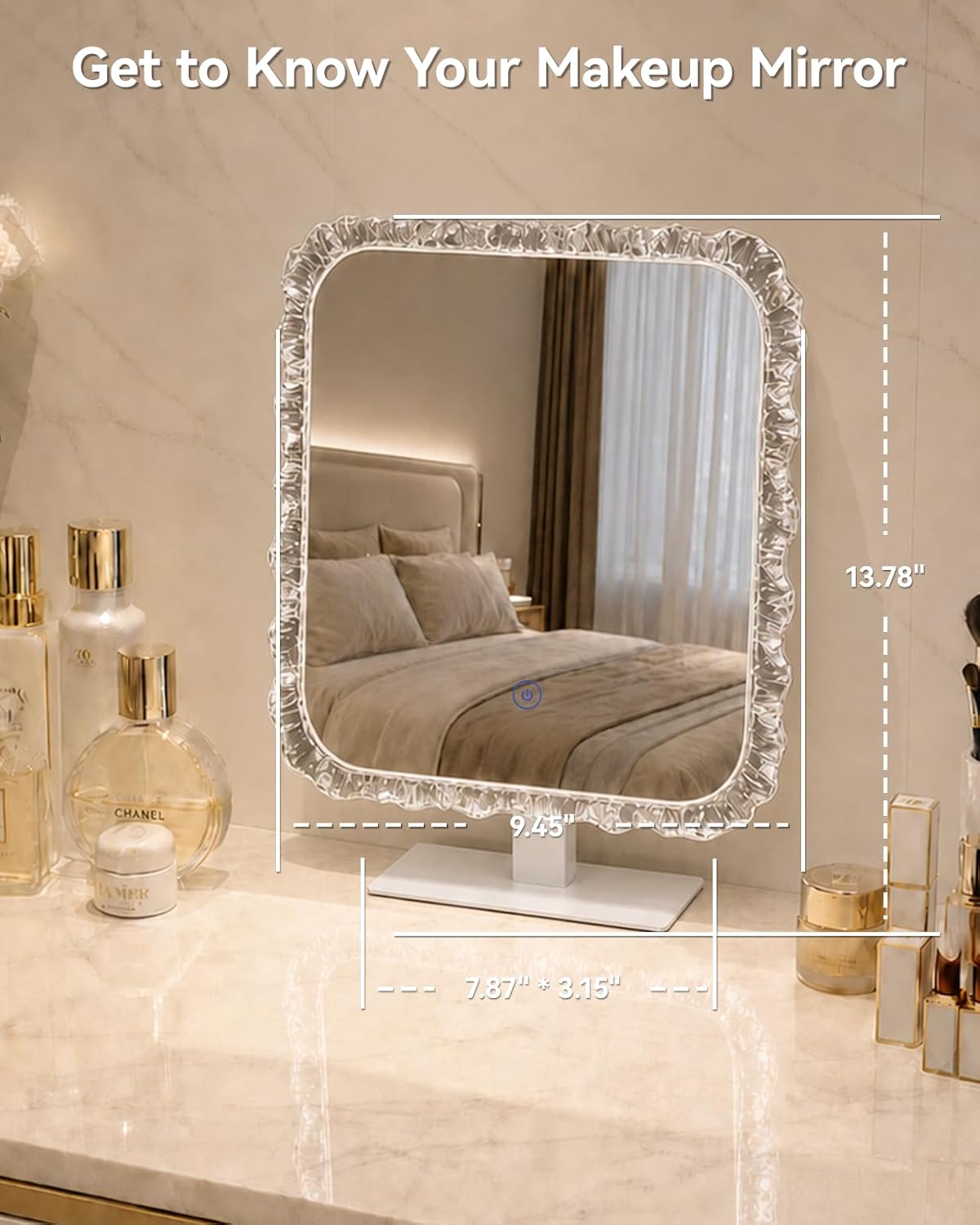 13.8" x 9.5" Crystal-Framed LED Vanity Makeup Mirror with Dimmable Lights (Silver)