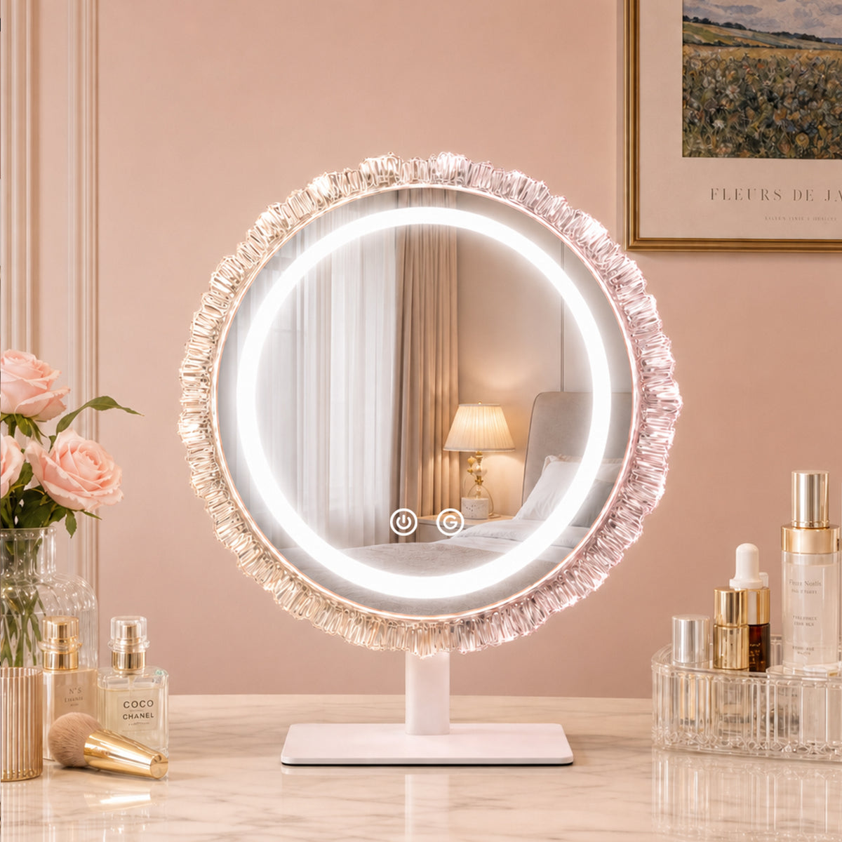 A mirror on a dressing table in soft morning light