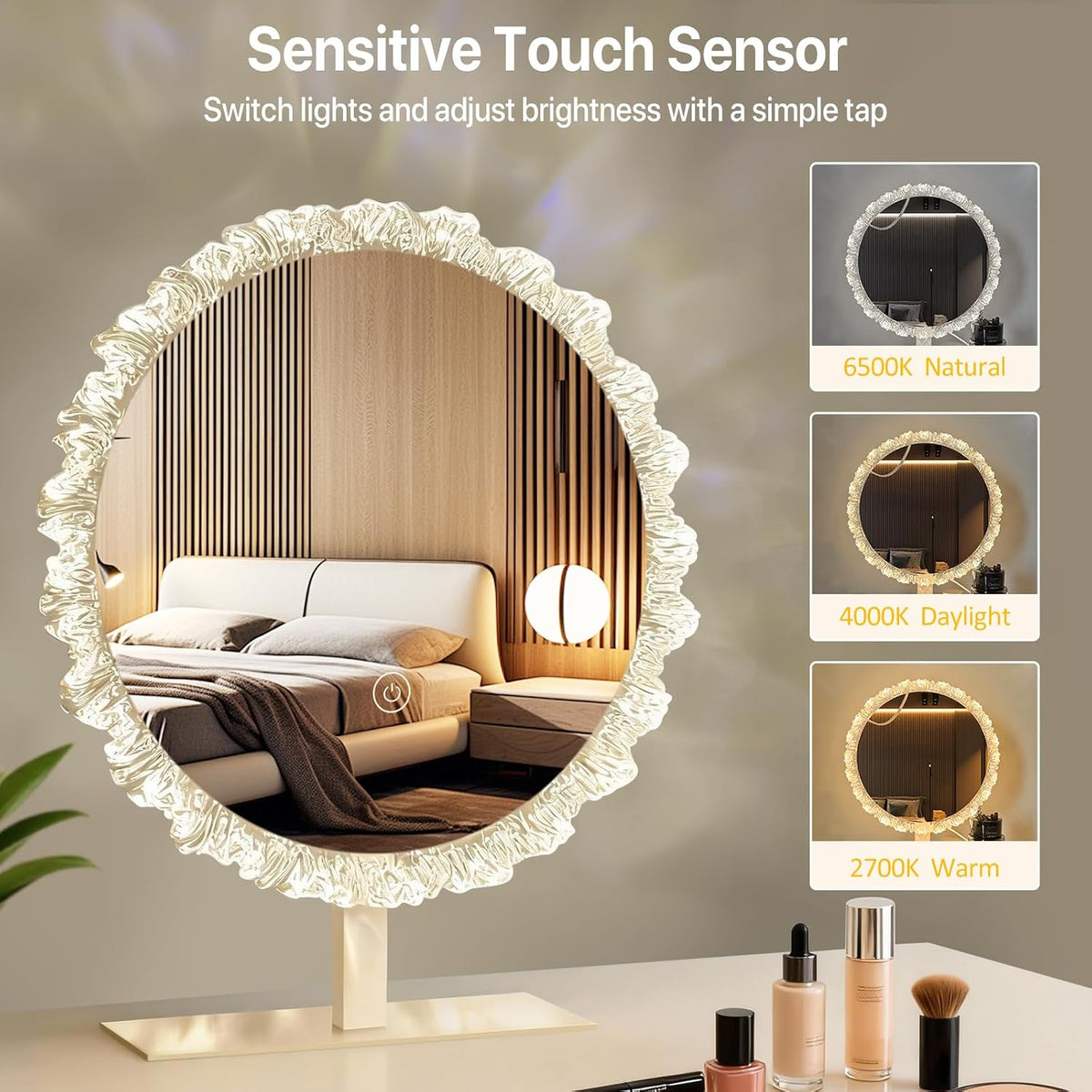 16" Round Vanity Mirror with Lights, Crystal Frame, Touch Control