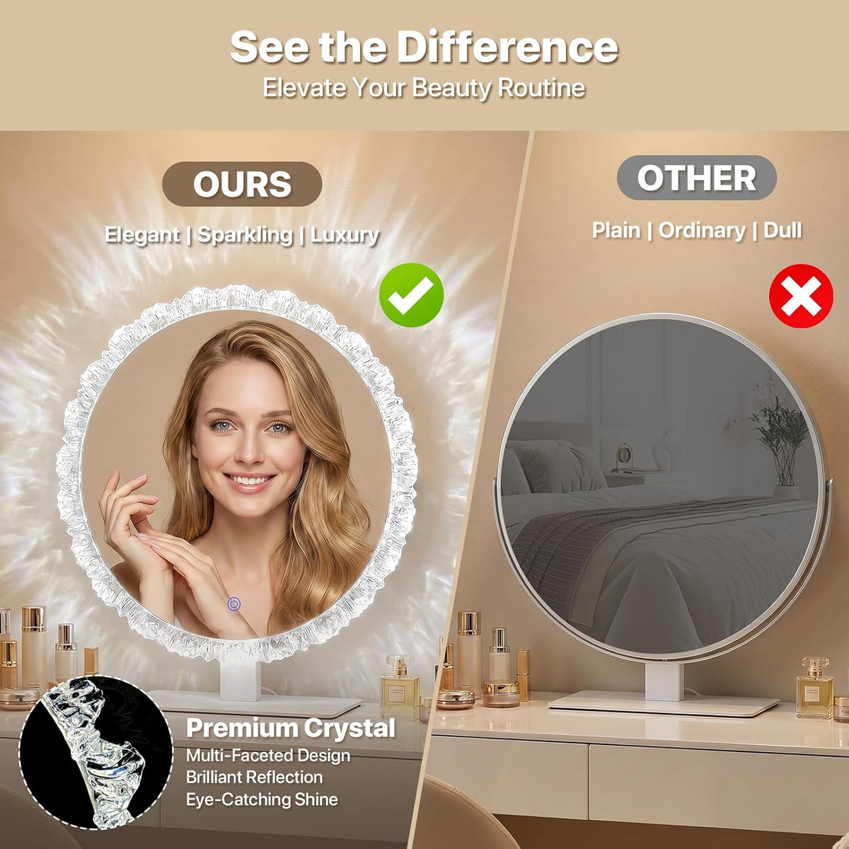 16" Round Vanity Mirror with Lights, Crystal Frame, Touch Control