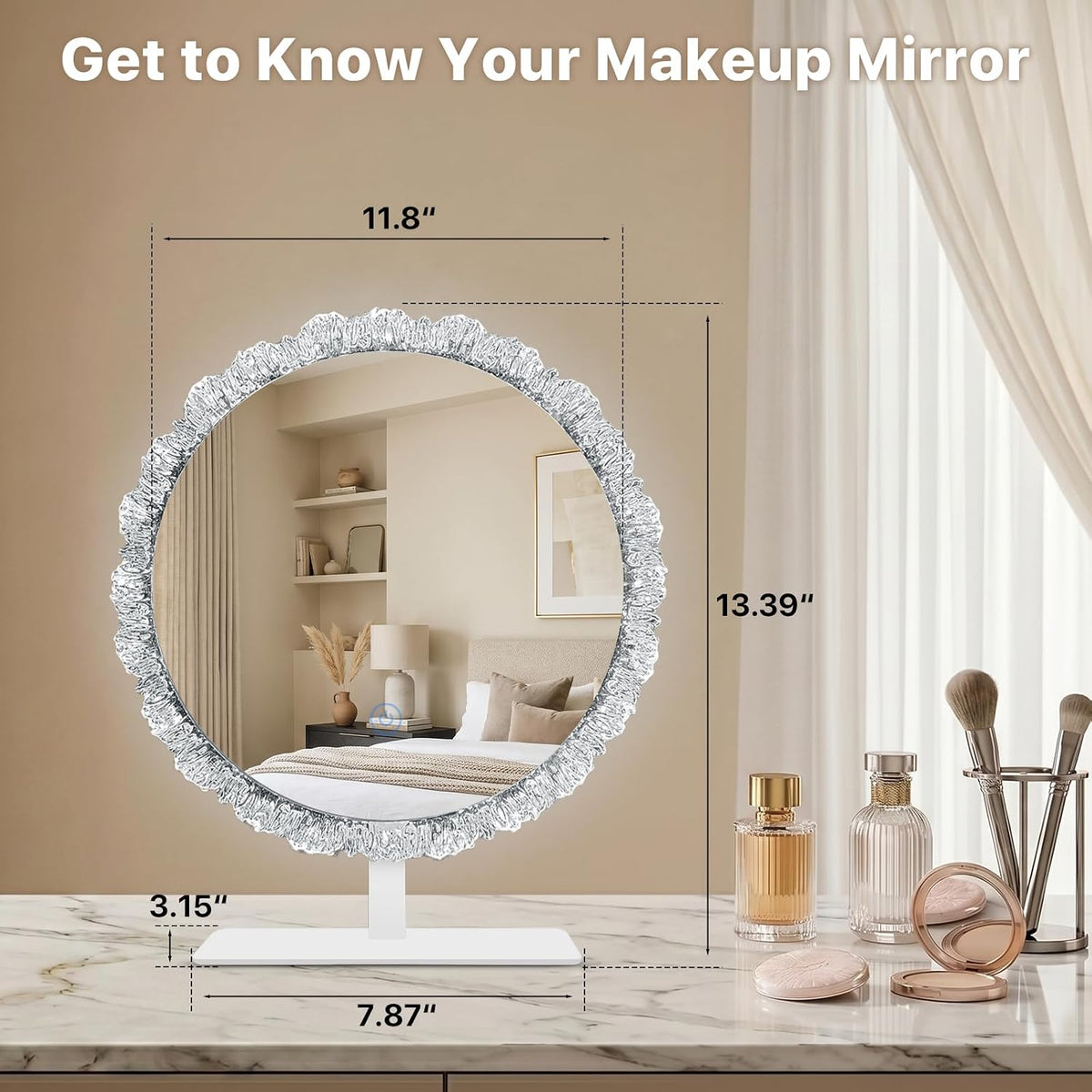 12" Round Vanity Mirror with Lights, Crystal Frame, Touch Control
