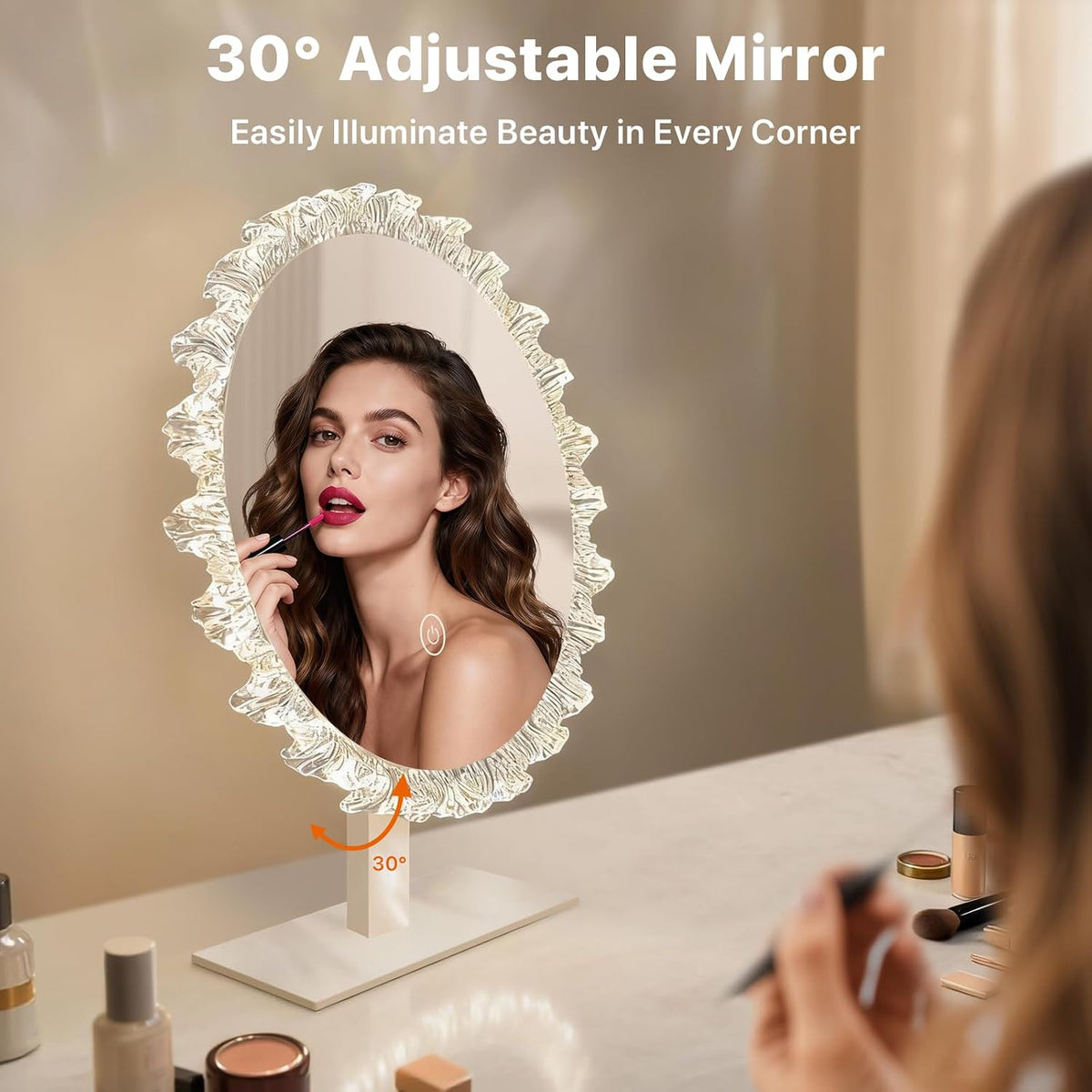 16" Round Vanity Mirror with Lights, Crystal Frame, Touch Control