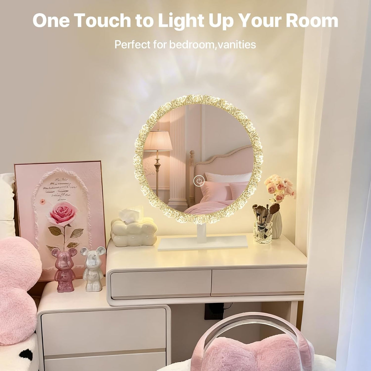 16" Round Vanity Mirror with Lights, Crystal Frame, Touch Control
