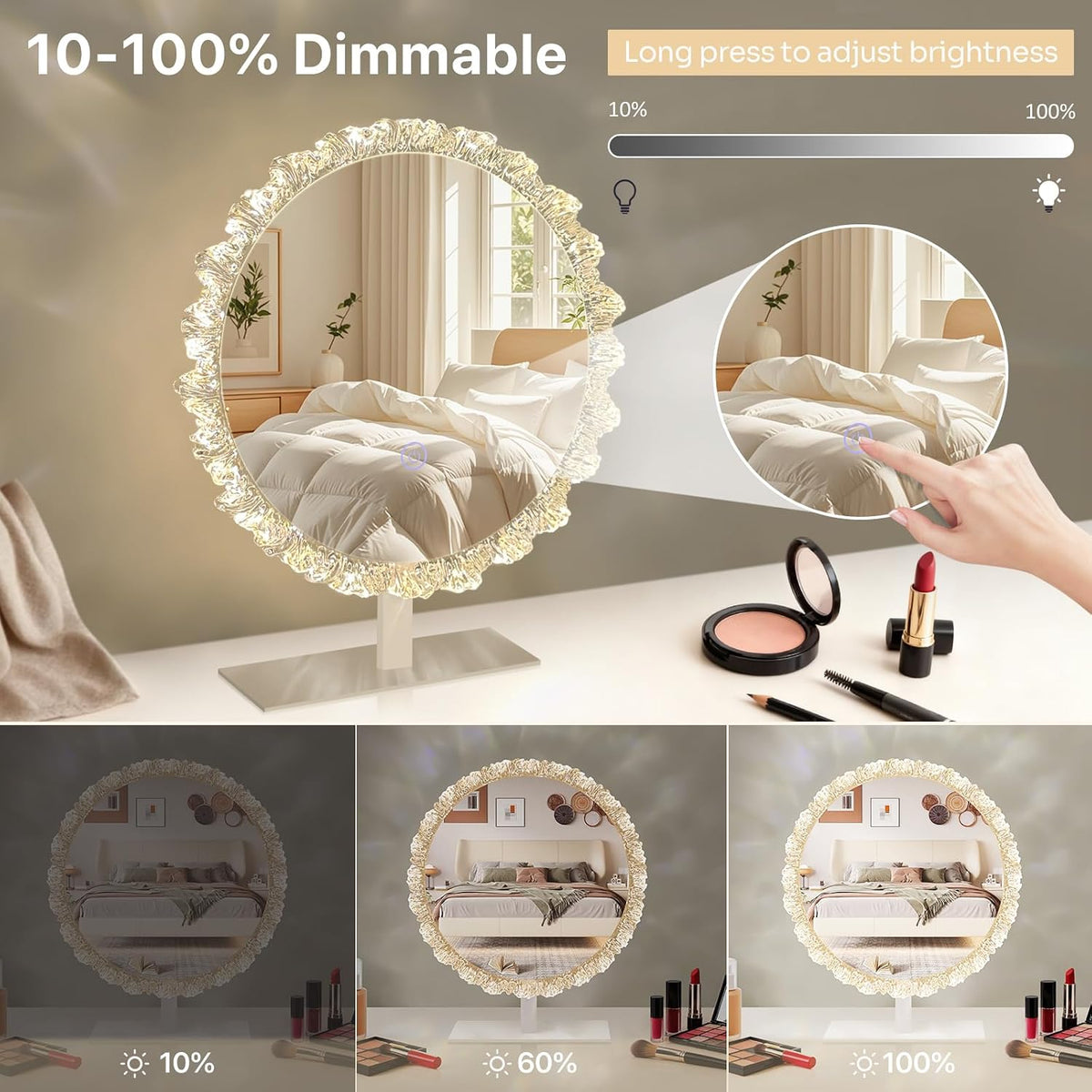 16" Round Vanity Mirror with Lights, Crystal Frame, Touch Control